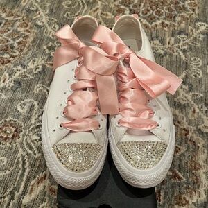 Custom Women’s Converse Size 8 with Rhinestones and Pink Satin Ribbons